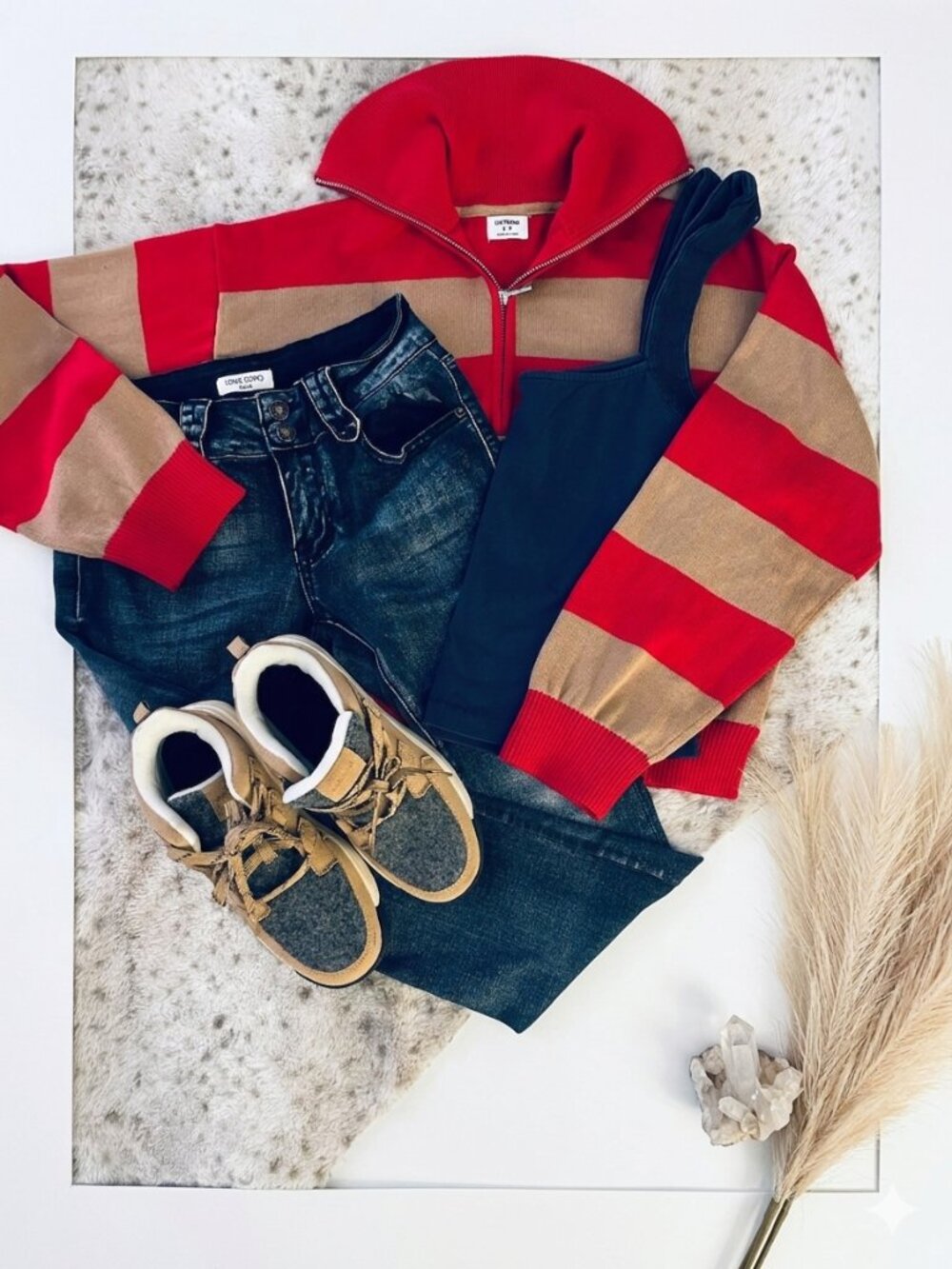 Cotton On Striped Quarter-Zip Pullover Sweater - Red & Tan - Size S